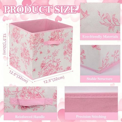 6 Pcs Pink Floral Cube Storage Bins 12.5 Inch Pink Flower Storage Basket with Handle, Preppy Girls Organizer Basket, Collapsible Fabric Box for Classroom Bedrooms Office Home Decoration (Flower) - Image 2