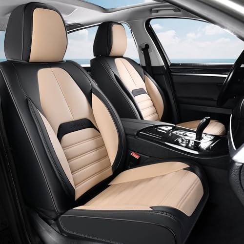 Coverado Waterproof Nappa Leather Car Seat Covers, Automotive Seat Covers，Front Car Seat Cushion & Car Seat Protector, Seat Covers Universal Fit for Most Cars, SUVs,Trucks,Black&Beige by COVERADOAUTO