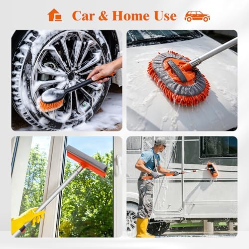 12FT Car Wash Brush with Long Handle, RV Wash Brush with Soft Chenille Microfiber Mop, Mitt and Windows Squeegee, Extendable Cleaning Kit for Truck, Boat or House Siding Ceiling, 5Pack - Image 7