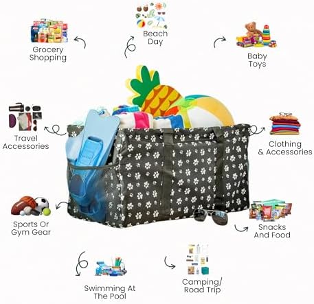 Extra Large Utility Tote Bag - Oversized Collapsible Reusable Wire Frame Rectangular Canvas Basket With Two Exterior Pockets For Beach, Pool, Laundry, Car Trunk, Storage - Dog Paw - Image 3