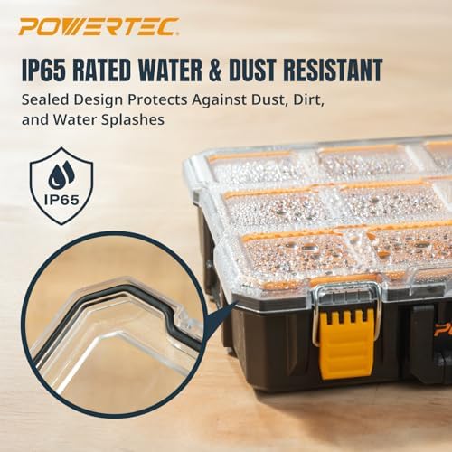 POWERTEC Small Parts Organizer & Tool Box – 10 Compartments, IP65 Water & Dust Protection, Stackable Storage with Interlocking Latch, Removable Tray, Clear Lid, Portable Design (72365) - Image 6