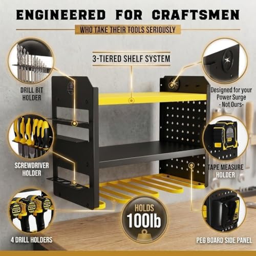 BUILTSTRONG Power Tool Organizer Wall Mount – 3-Tier Heavy-Duty Steel Rack, 4 Drill Slots, Pegboard + Utility Side, 100 lb Capacity – Garage, Workshop & Shed Storage (Yellow) - Image 2