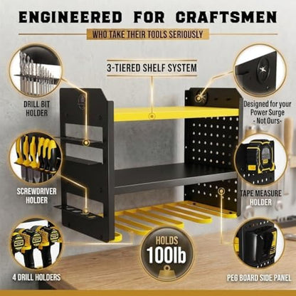 BUILTSTRONG Power Tool Organizer Wall Mount – 3-Tier Heavy-Duty Steel Rack, 4 Drill Slots, Pegboard + Utility Side, 100 lb Capacity – Garage, Workshop & Shed Storage (Yellow) - Image 2