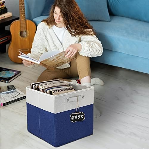 13x13x13 Inch Large Foldable Fabric Linen Cube Storage Bins【4-pack】, with Cotton Handles Closet Bins for Cabinet Shelves Home Organization and Storage bins(White&blue) - Image 2