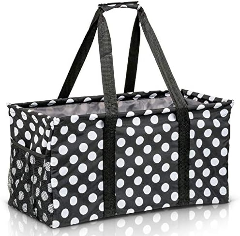 Extra Large Utility Tote Bag - Oversized Collapsible Reusable Wire Frame Rectangular Canvas Basket With Two Exterior Pockets For Beach, Pool, Laundry, Car Trunk, Storage - White Polka Dot by Lucazzi
