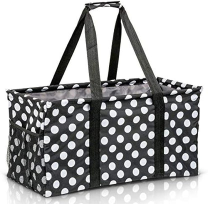 Extra Large Utility Tote Bag - Oversized Collapsible Reusable Wire Frame Rectangular Canvas Basket With Two Exterior Pockets For Beach, Pool, Laundry, Car Trunk, Storage - White Polka Dot by Lucazzi