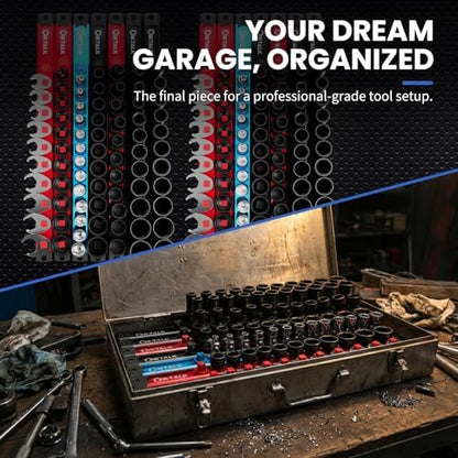 8PC Magnetic Socket Organizer Set, for 1/2″ 3/8″ 1/4″ Drive with 3 Black 3 Red 2 Blue Trays, 360° Swivel Removable Clips, Heavy Duty Aluminum Alloy Rail for Tool Box Drawer - Image 7