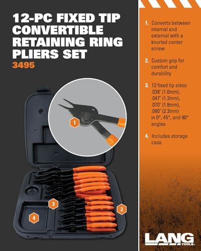 Lang Tools (3495) 12-Piece Fixed Tip Combination Internal/External Snap Ring Pliers Set - Image 4