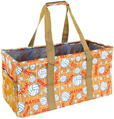 Extra Large Utility Tote Bag - Oversized Collapsible Reusable Wire Frame Rectangular Canvas Basket With Two Exterior Pockets For Beach, Pool, Laundry, Car Trunk, Storage - Volleyball by Lucazzi