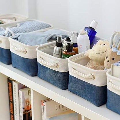 Storage Basket for Organizing - 12x8x5.2 inch Small 6 Pack Fabric Storage Bin Collapsible Baskets for Shelves with Rope, Storage Box for Cloth Decorative Laundry Canvas(White & Blue) - Image 4