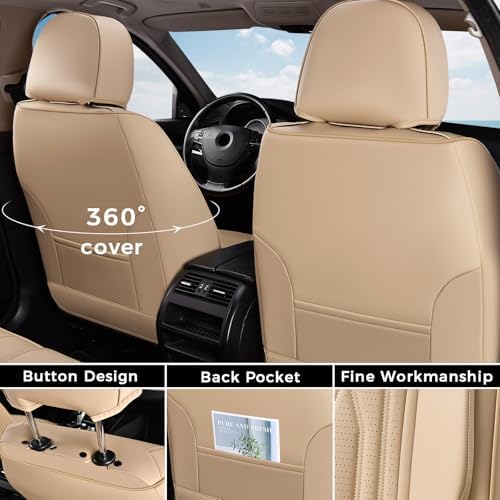 Coverado Front Seat Covers, Car Seat Protector, Waterproof Nappa Leather Cushion, Fit for Most Sedans SUV Pick-up Truck-Beige - Image 2