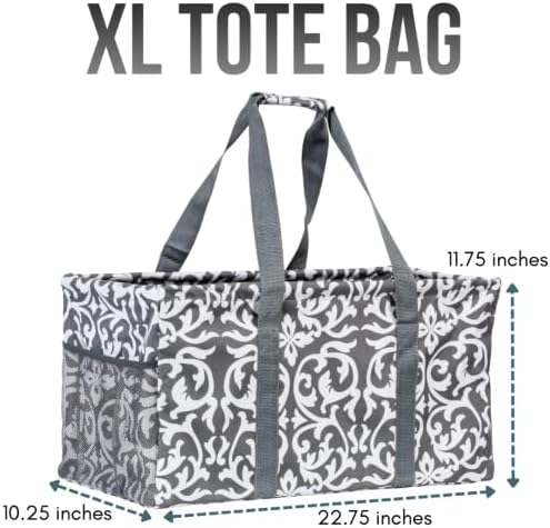 Extra Large Utility Tote Bag - Oversized Collapsible Reusable Wire Frame Rectangular Canvas Basket With Two Exterior Pockets For Beach, Pool, Laundry, Car Trunk, Storage - Damask Gray - Image 3