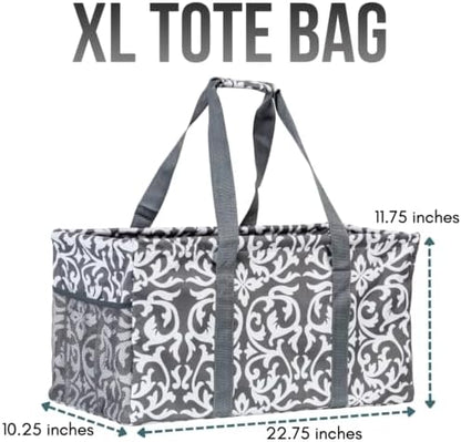 Extra Large Utility Tote Bag - Oversized Collapsible Reusable Wire Frame Rectangular Canvas Basket With Two Exterior Pockets For Beach, Pool, Laundry, Car Trunk, Storage - Damask Gray - Image 3