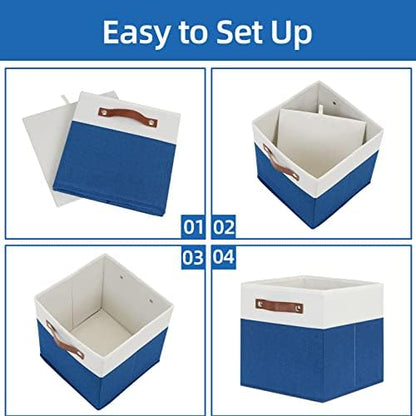 Temary 11 Storage Cube Bins for Shelves, Closet - 4 Pack Fabric Baskets With Leather Handles (White & Blue) - Image 7