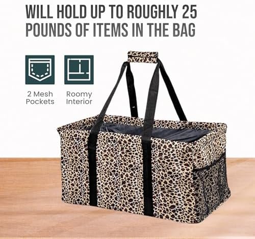 Extra Large Utility Tote Bag - Oversized Collapsible Reusable Wire Frame Rectangular Canvas Basket With Two Exterior Pockets For Beach, Pool, Laundry, Car Trunk, Storage - Leopard - Image 5