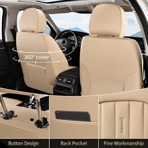 FLORICH Seat Cover, Leather Car Seat Covers Full Set, Waterproof Car Seat Protectors 5 Seats, Front and Rear Seat Covers for Cars, Automotive Seat Protector Fit for Most Sedans SUV Truck - Beige - Image 3