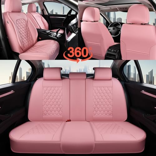 Coverado Full Set Car Seat Covers, Luxury Faux Leather Waterproof Seat Covers, Pink Car Seat Protectors, Universal Fit for Most Cars, Automotive Seat Covers-Pink - Image 6