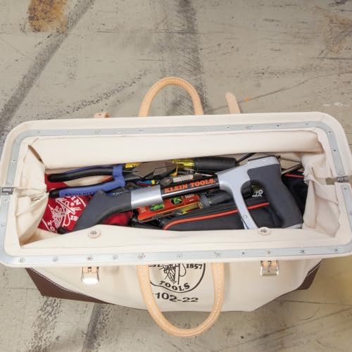 Klein Tools 5102-22 Heavy Duty Natural Canvas Tool Bag, Tool Tote, Multi-Purpose Bag with Wide Hinged Opening and Leather Handles, 22-Inch - Image 7
