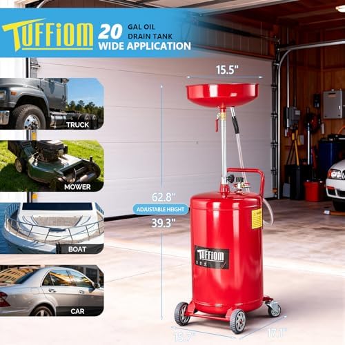 TUFFIOM 20 Gallon Waste Oil Drain Tank with Wheels & Handle, Adjustable Funnel Height Air-Operated Oil Drainer, Large Capacity Leak-Proof Oil Drain Container for Auto Fluids, Garage, Red - Image 2