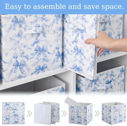 Geelin 6 Pcs Blue Floral Bow Cube Storage Bins 11 in Basket with Handle - Image 3