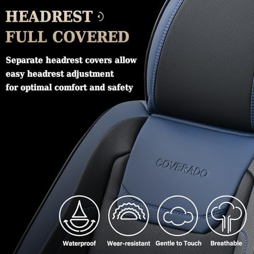 Coverado Car Seat Covers Full Set, Seat Covers for Cars, Waterproof, Leather Car Seat Cushion, Universal Car Interior Covers Seat Protectors for Most Cars Blue - Image 4