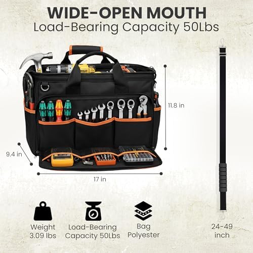 Electrician Tool Bag, 26-Pocket, 17-Inch, Potable Tool Box Organizer with Wide Mouth Opening & Padded Shoulder Strap, Water Resistant Heavy Duty Bag for Mechanics, Contractors, Plumber & Craftsmen - Image 2