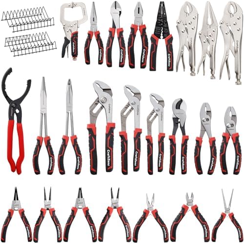 24 PC Pliers Tool Set with Storage Rack, Snap Ring, Needle Nose,Long Reach,Lineman's,Groove Joint and Diagonal Cutting Pliers,Cable Cutter,Wire Stripper for Plyers Home Use, Holiday,Fathers' Day Gift by CraftZone