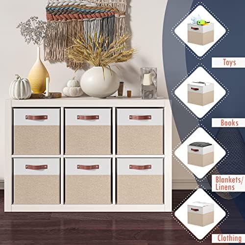 Ornavo Home 13x13 Foldable Fabric Storage Cube Bins, 6 Pack, White/Khaki - Image 3
