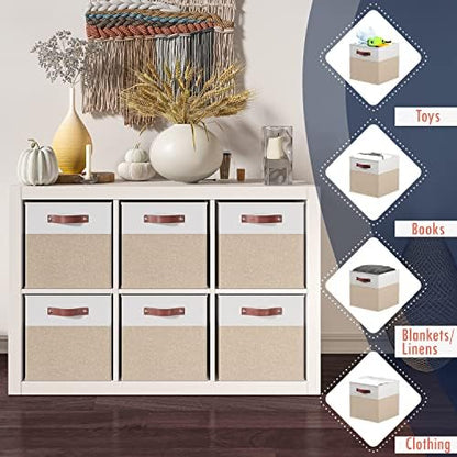 Ornavo Home 13x13 Foldable Fabric Storage Cube Bins, 6 Pack, White/Khaki - Image 3