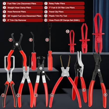 18-Piece Automotive Fuel Line Disconnect Tool Kit & Hose Clamp Pliers Set with Fuel Line Pliers, Hose Removal Pliers, Relay Puller Pliers, Panel Clip Pliers, Pinch-Off Clamps, Trim Tools & Toolbox - Image 2