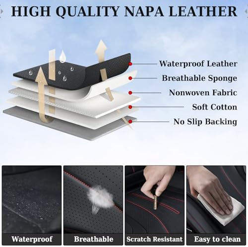 Coverado Car Seat Covers Full Set, Leather Seat Covers for Car, Waterproof Seat Covers, Automotive Seat Cushions, Breathable Car Seat Protector Universal for Most Sedans, Trucks, SUV (Black &Red Line) - Image 5
