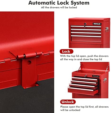 Goplus Tool Chest, 3-in-1 Rolling 6 Drawers Tool Cabinet with Detachable Top Toolbox, Middle Tool Storage, Universal Lockable Wheels, Protective Liner, Auto Lock, Metal Tool Box for Garage Workshop - Image 5
