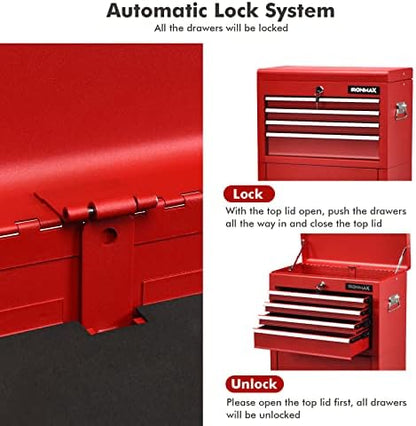 Goplus Tool Chest, 3-in-1 Rolling 6 Drawers Tool Cabinet with Detachable Top Toolbox, Middle Tool Storage, Universal Lockable Wheels, Protective Liner, Auto Lock, Metal Tool Box for Garage Workshop - Image 5