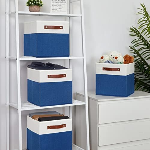 Temary 11 Storage Cube Bins for Shelves, Closet - 4 Pack Fabric Baskets With Leather Handles (White & Blue) - Image 6