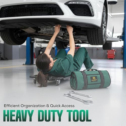 Roll Up Tool Bag Organizer – Heavy Duty Canvas Tool Roll Bag, Tool Roll Up with 5 Oversized Labeled Pockets & Carabiners, Portable Roll Up Tool Organizer for Mechanic, Truck & Car (Green) - Image 6