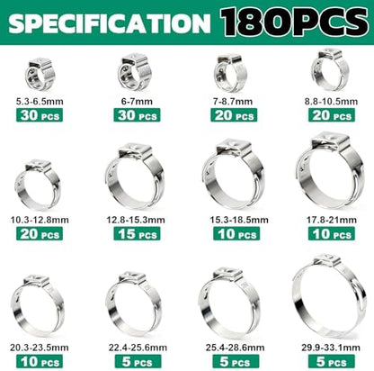 OURU 180PCS Single Ear Hose Clamps Assortment Kit, 5.3-33.1mm, 12 Sizes - Image 2