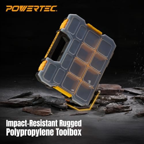 POWERTEC Small Parts Organizer & Tool Box – 14 Compartments, Stackable Storage with Interlocking Latch, Removable Dividers, Clear Lid, Portable Design (72364) - Image 5