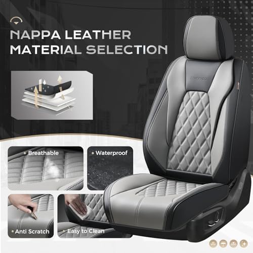 Coverado Car Seat Covers for Cars, Waterproof Automotive Seat Protectors, Leather Car Seat Covers Full Set, 5 Seats Driver Protectors Universal Fit for Cars SUVs, Trucks, Car Accessories - Black&Gray - Image 2