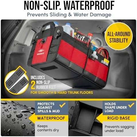 Car Trunk Organizer - Collapsible, Foldable - with Covering Net, Removable Dividers, Attachable Non-Slip Pads, Mounting Straps, and Stainless Hooks - for SUV, Truck, Sedan, Minivan, and Van - Red - Image 5