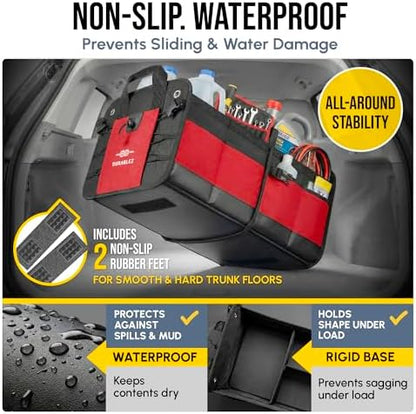 Car Trunk Organizer - Collapsible, Foldable - with Covering Net, Removable Dividers, Attachable Non-Slip Pads, Mounting Straps, and Stainless Hooks - for SUV, Truck, Sedan, Minivan, and Van - Red - Image 5