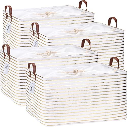 Hinwo 70L Extra Large Canvas Storage Bin with Lid and Handles, 4-Pack by Hinwo