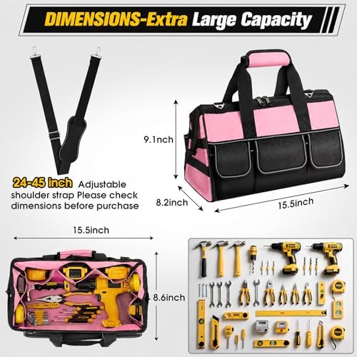 Veitorld 16-Inch Tool Bag Tool Box Organizer, Heavy Duty Tool Organizer with 19 Pockets, Wide Mouth Design for Easy Access, Portable Tool Tote Gift for Women and Men, Garage, Workshop, Pink - Image 2
