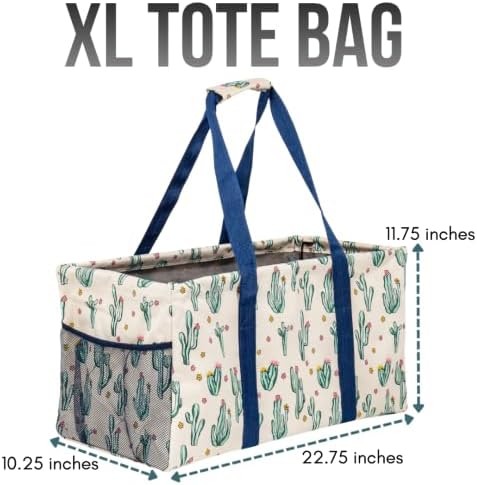 Extra Large Utility Tote Bag, Oversized Collapsible Reusable Wire Frame Rectangular Canvas Basket With Two Exterior Pockets For Beach, Pool, Laundry, Car Trunk, Storage - Cactus White - Image 4