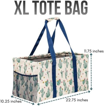 Extra Large Utility Tote Bag, Oversized Collapsible Reusable Wire Frame Rectangular Canvas Basket With Two Exterior Pockets For Beach, Pool, Laundry, Car Trunk, Storage - Cactus White - Image 4