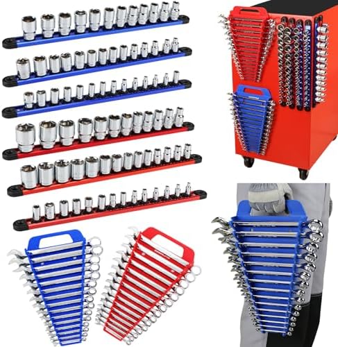 8-Piece Magnetic Socket and Wrench Organizer Set, Metric & SAE, 1/4", 3/8", 1/2" Drive Socket Rail, 24-Slots Wrench Holder with Non-Slip Handle for Toolbox Drawer Storage (Socket Wrench not Included) by SEDY