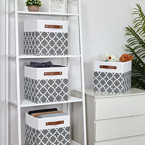 Temary 11x11x11 Cube Storage Bins Cube Organizer Bins 4 Pack Canvas Storage Bin for Home, Cube Storage Basket with Leather Handles(Grey Lattice) - Image 6