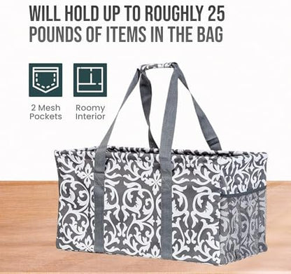 Extra Large Utility Tote Bag - Oversized Collapsible Reusable Wire Frame Rectangular Canvas Basket With Two Exterior Pockets For Beach, Pool, Laundry, Car Trunk, Storage - Damask Gray - Image 5