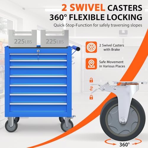 7-Drawer Rolling Tool Chest, Tool Box with 4 Wheels and Drawers, High Capacity Detachable Mobile Tool Storage Cabinet for Garage, Workshop, Mechanics and Repair Room (Blue) - Image 5