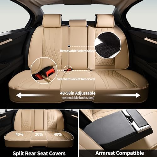 FLORICH Universal Seat Covers Full Set, 5 Seats Leather Seat Covers for Cars, Waterproof & Breathable Nappa Leather Car Seat Protector Fit for Most Cars - Beige - Image 5