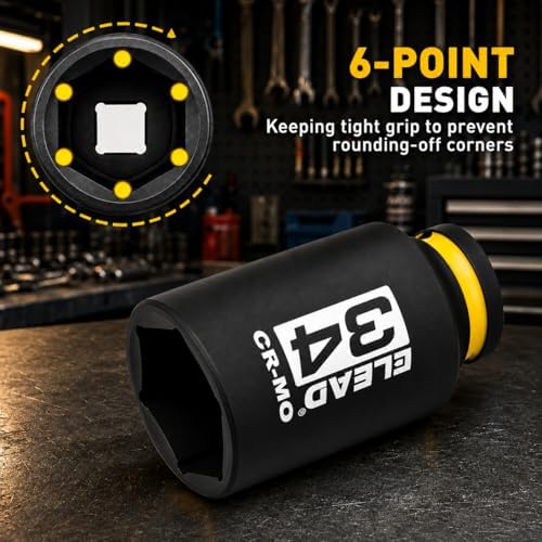 ELEAD 34 mm Socket 1/2" Drive Deep Impact Socket, Metric 6 Point 1/2-inch Drive Impact Axle Nut Sockets, CR-MO Nut Socket Set, Tools for Easy Removal of Axle Shaft Nuts - Image 4
